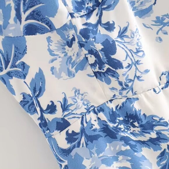 Blue Toile Floral Ruffle Midi Dress by Manu Reformation Nikita Olympia Size 4/S - Picture 11 of 16